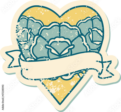 distressed sticker tattoo style icon of a heart and banner with flowers