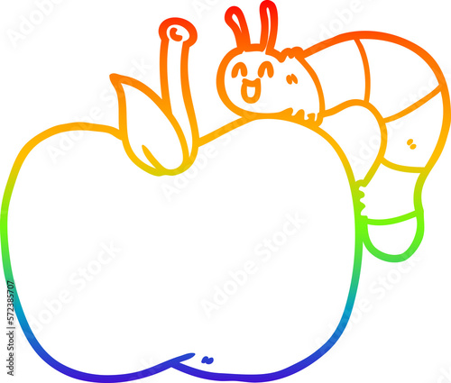 rainbow gradient line drawing cartoon apple and bug