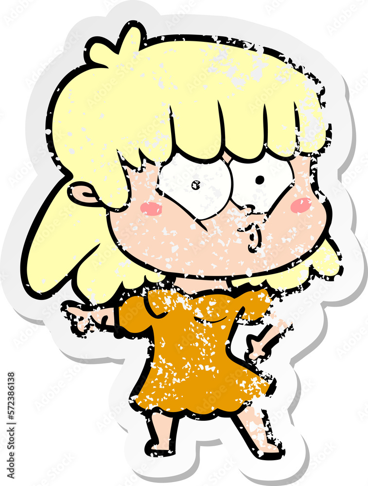 distressed sticker of a cartoon whistling girl distressed sticker of a cartoon whistling girl