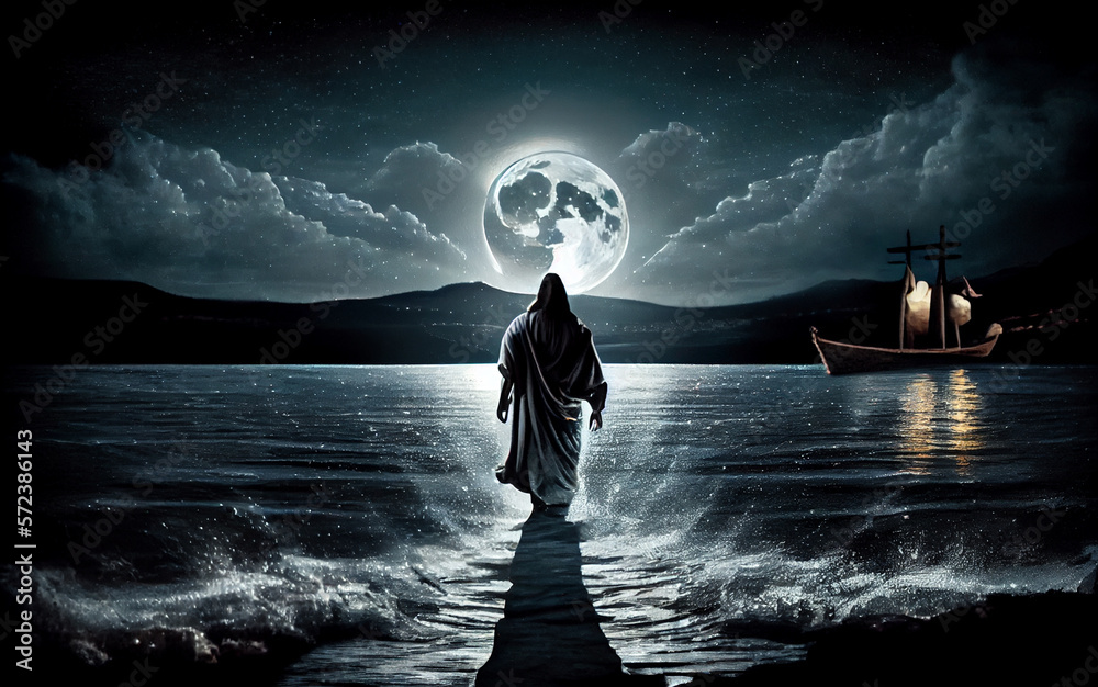 Jesus Christ walking on water on the sea of Galilee. Generative Ai ...