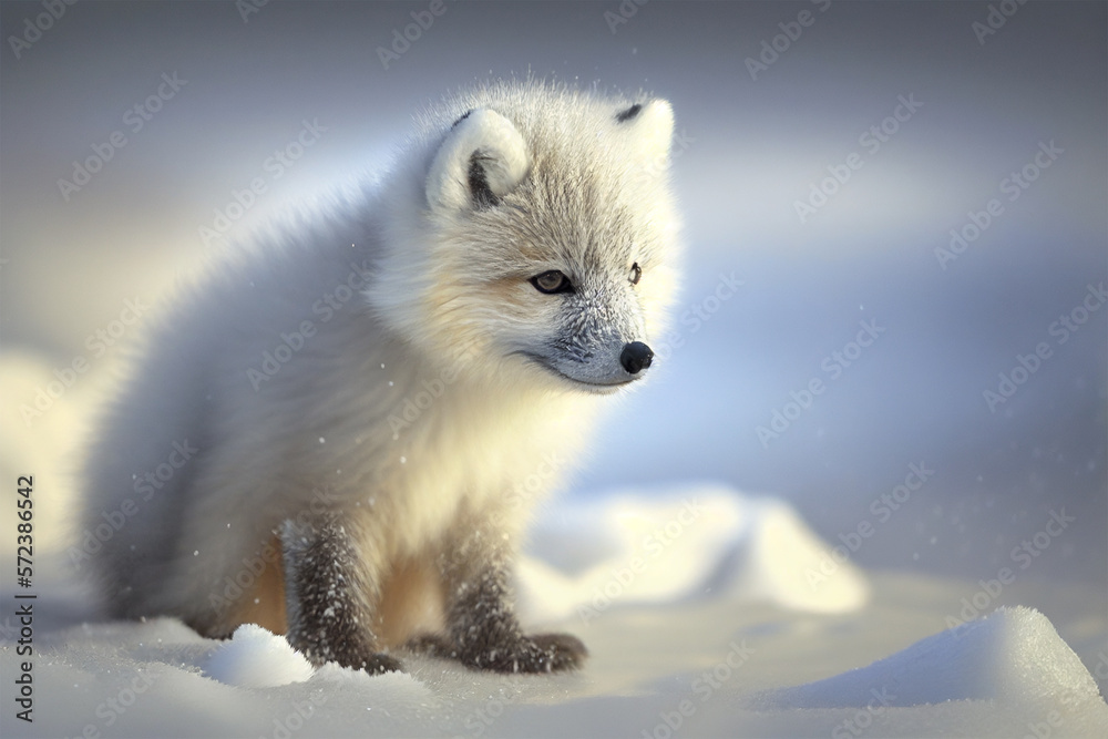 Baby Arctic fox,arctic fox in winter in Norway in winter landscape, Vulpes lagopus, Generative AI Baby Arctic fox,arctic fox in winter in Norway in winter landscape, Vulpes lagopus, Generative AI
