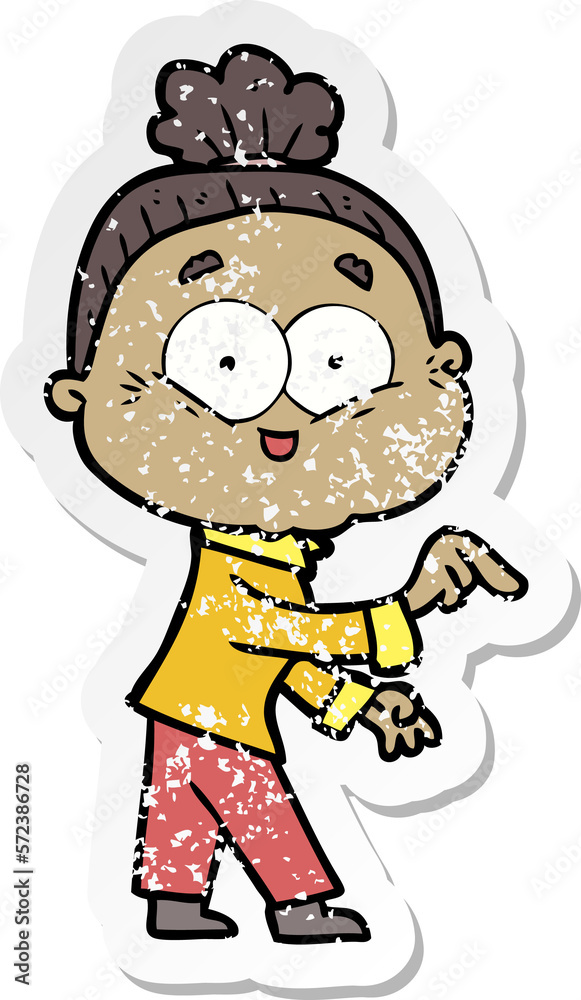 distressed sticker of a cartoon happy old woman
