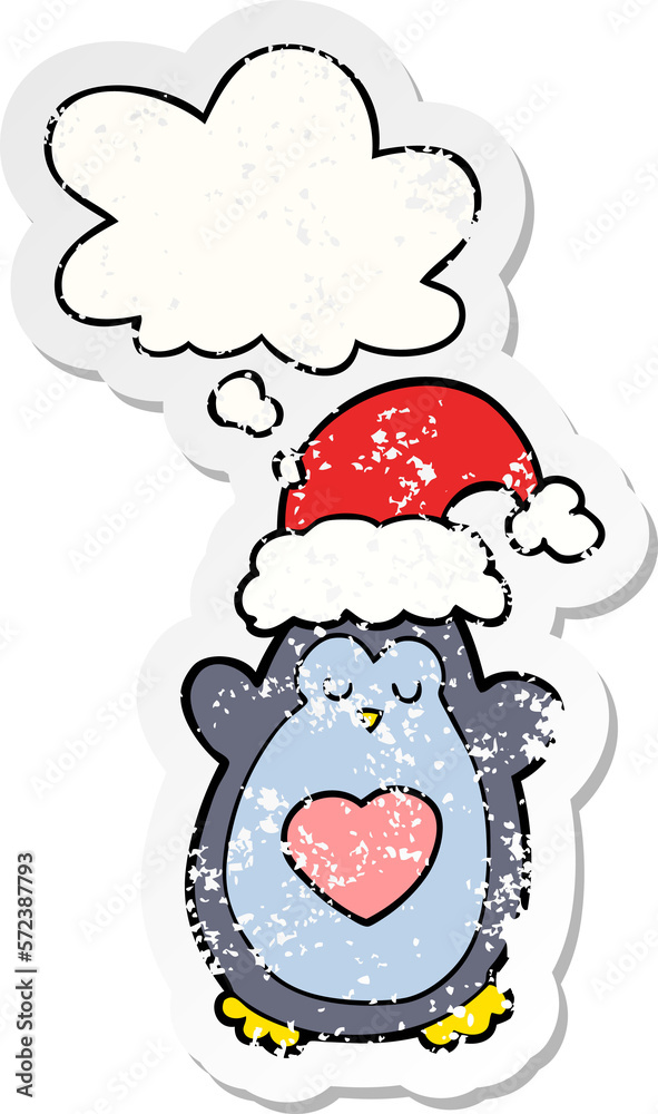 cute christmas penguin and thought bubble as a distressed worn sticker cute christmas penguin and thought bubble as a distressed worn sticker