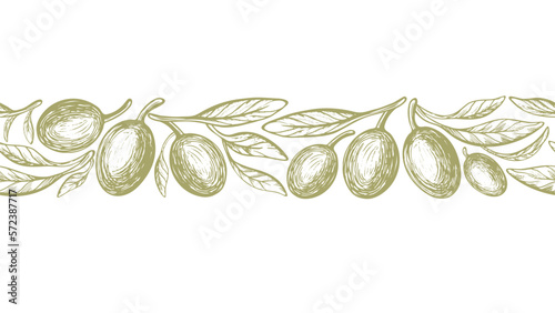 Olive sketch seamless border. Engraved fruit, leaf