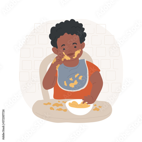 Messy eaters isolated cartoon vector illustration. Little kid in a good mood eating meal and making a mess, smiling child with dirty face, family lifestyle, food habits vector cartoon.