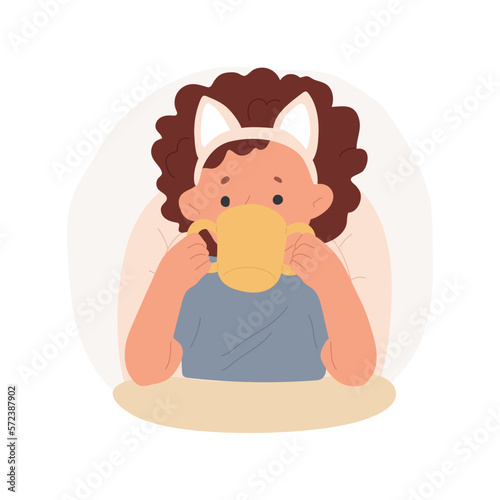 Drinking from a cup isolated cartoon vector illustration. Toddler drinks water from a cup with handles, healthy lifestyle, food habits, refreshing beverage, child in a good mood vector cartoon.