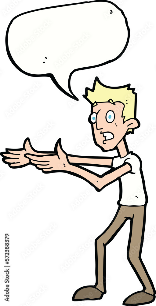 cartoon man desperately explaining with speech bubble