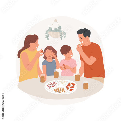 Healthy snacks isolated cartoon vector illustration. Happy family members eating snacks, baby carrots and nuts, healthy lifestyle, good food habits, diet support vector cartoon.