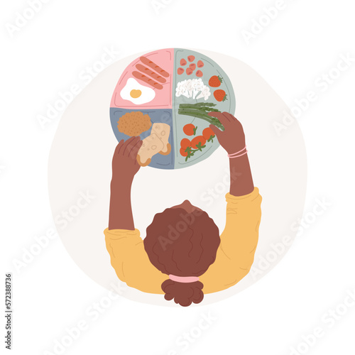 Healthy plate isolated cartoon vector illustration. Mom putting food in sections of different color, protein, vegetables and grains on plate, family healthy lifestyle vector cartoon.