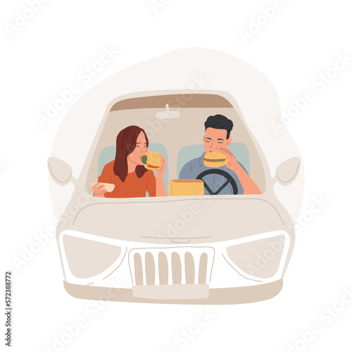 Drive-in restaurant isolated cartoon vector illustration. Happy couple eating in the car, cheat meal day, fast food, family lifestyle, nutrition habits, food on the go vector cartoon.