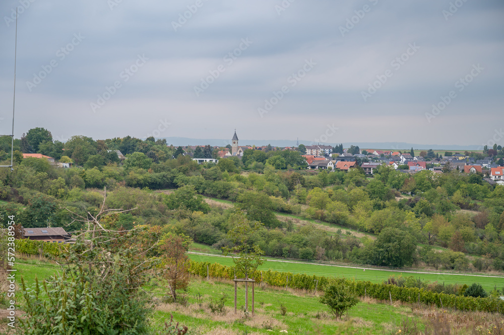 Mainz Zornheim cityscape during cloudy day in september, church and houses, mountain range at the horizon, germany