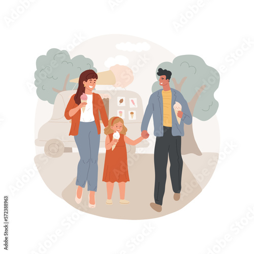 Ice-cream in a park isolated cartoon vector illustration. Happy parents with kid eating ice-cream and walking in the park together, family lifestyle, common food habits vector cartoon.