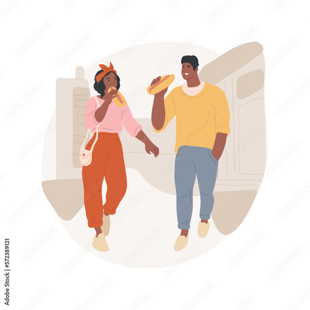 Snack on the go isolated cartoon vector illustration. Happy couple eating tasty hot dog on the go, family lifestyle, junk food habits, diet violation, leisure time together vector cartoon.