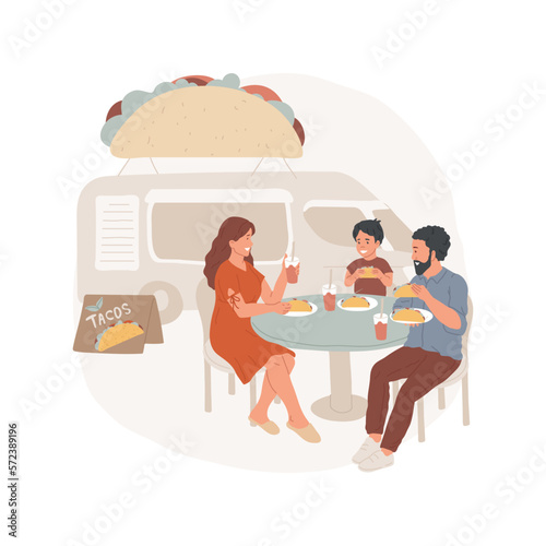 Tacos truck isolated cartoon vector illustration. Happy family members eating street food at the table near tacos truck, people having fun together, parents and kids lifestyle vector cartoon.