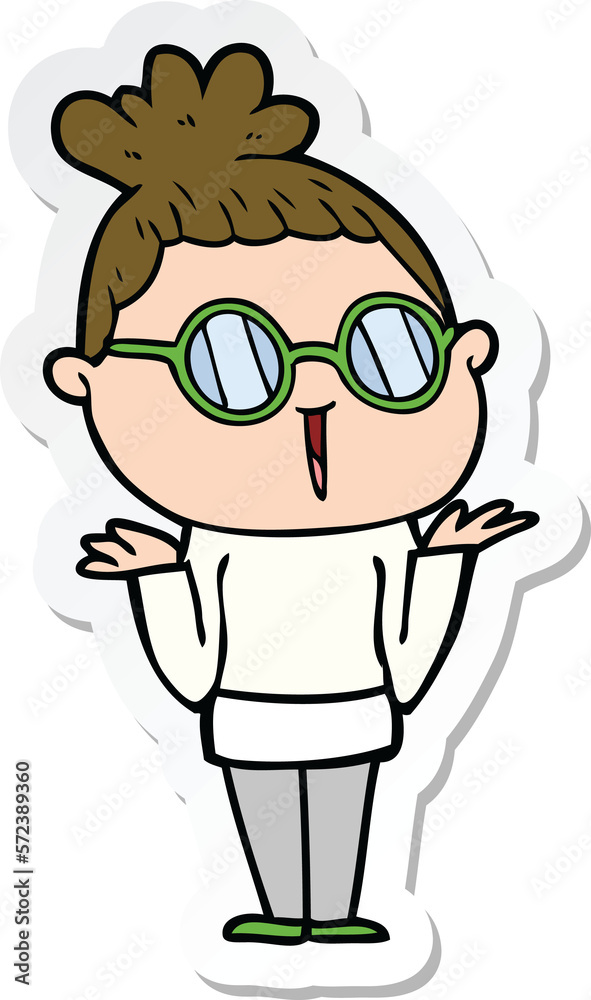 sticker of a cartoon shrugging woman wearing spectacles