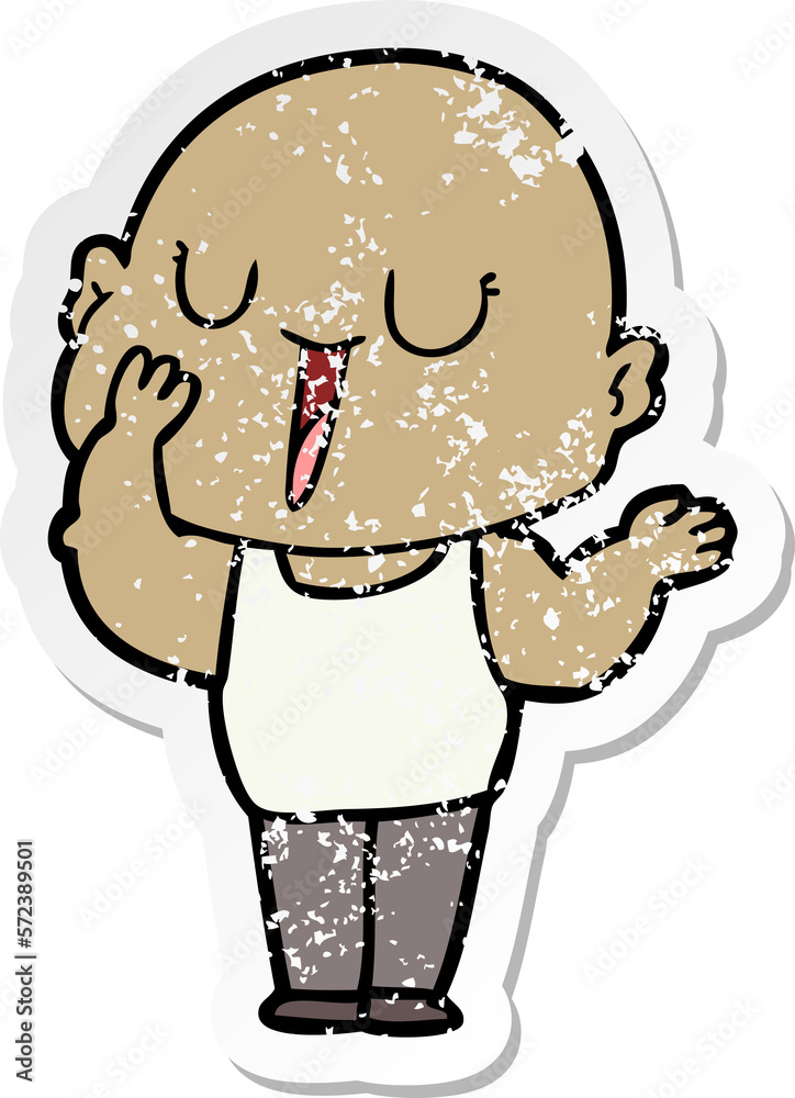 distressed sticker of a happy cartoon bald man yawning distressed sticker of a happy cartoon bald man yawning