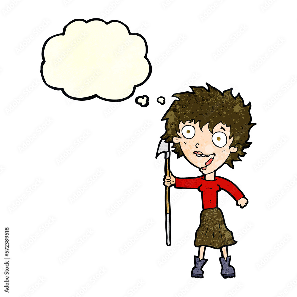 cartoon crazy woman with spear with thought bubble cartoon crazy woman with spear with thought bubble