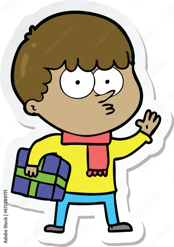 sticker of a cartoon curious boy carrying a gift