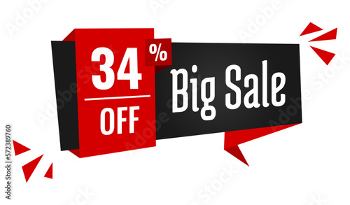 big sale 34 percent off discount, stripe, price balloon, black and red 