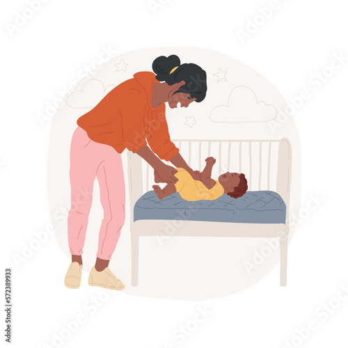 Soothing a baby isolated cartoon vector illustration. Young mom soothing a baby before bedtime, end of physical activity, family lifestyle, sleep hygiene, motherhood delights vector cartoon.