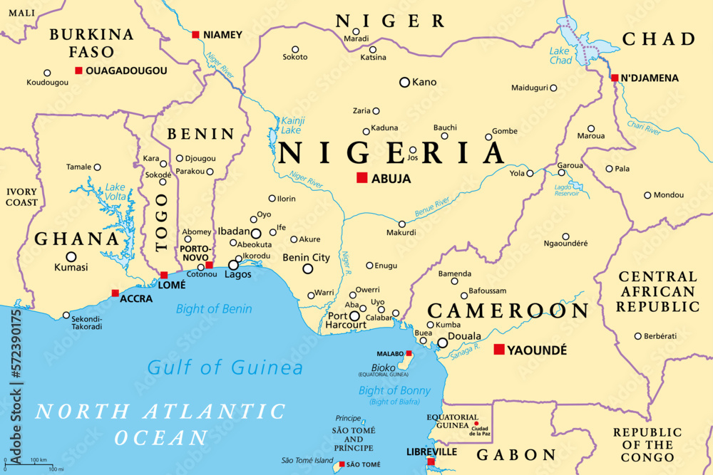 Nigeria and West Africa countries on the Gulf of Guinea, political map. Ghana, Togo, Benin, Nigeria, Cameroon, Equatorial Guinea, and Sao Tome And Principe, with borders, capitals and largest cities. - obrazy, fototapety, plakaty 