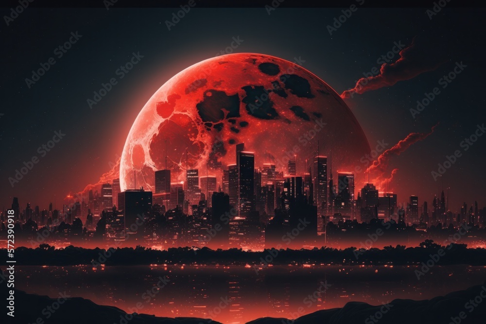 Full blood moon above the city with skyscrapers. skyline. A total lunar eclipse is sometimes called a Blood Moon, because of the reddish tinge the Full Moon takes on when fully eclipsed. - obrazy, fototapety, plakaty 