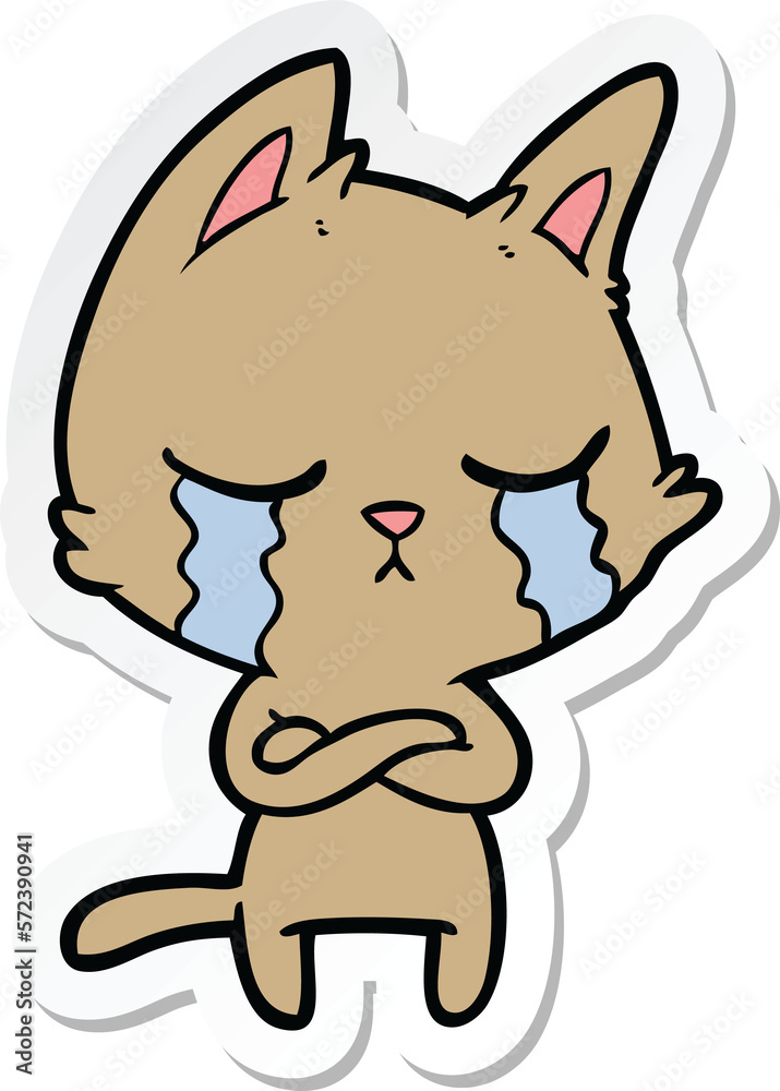 sticker of a crying cartoon cat with folded arms sticker of a crying cartoon cat with folded arms