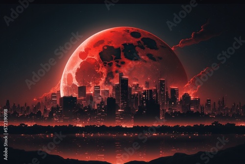Full blood moon above the city with skyscrapers. skyline. A total lunar eclipse is sometimes called a Blood Moon, because of the reddish tinge the Full Moon takes on when fully eclipsed. photo