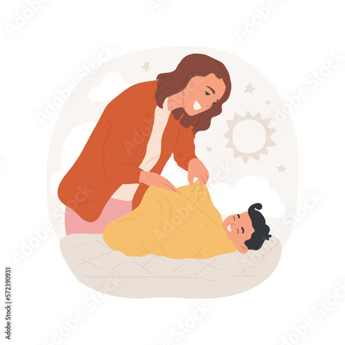 Swaddling isolated cartoon vector illustration. Young mom swaddling her newborn baby, sleeping habits, family lifestyle, kids bedtime, sleep hygiene, happy motherhood vector cartoon.