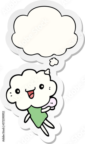 cartoon cloud head creature and thought bubble as a printed sticker © lineartestpilot
