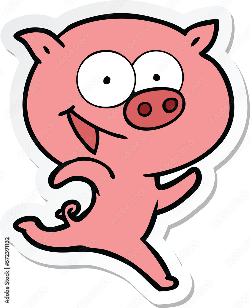 sticker of a cheerful running pig cartoon