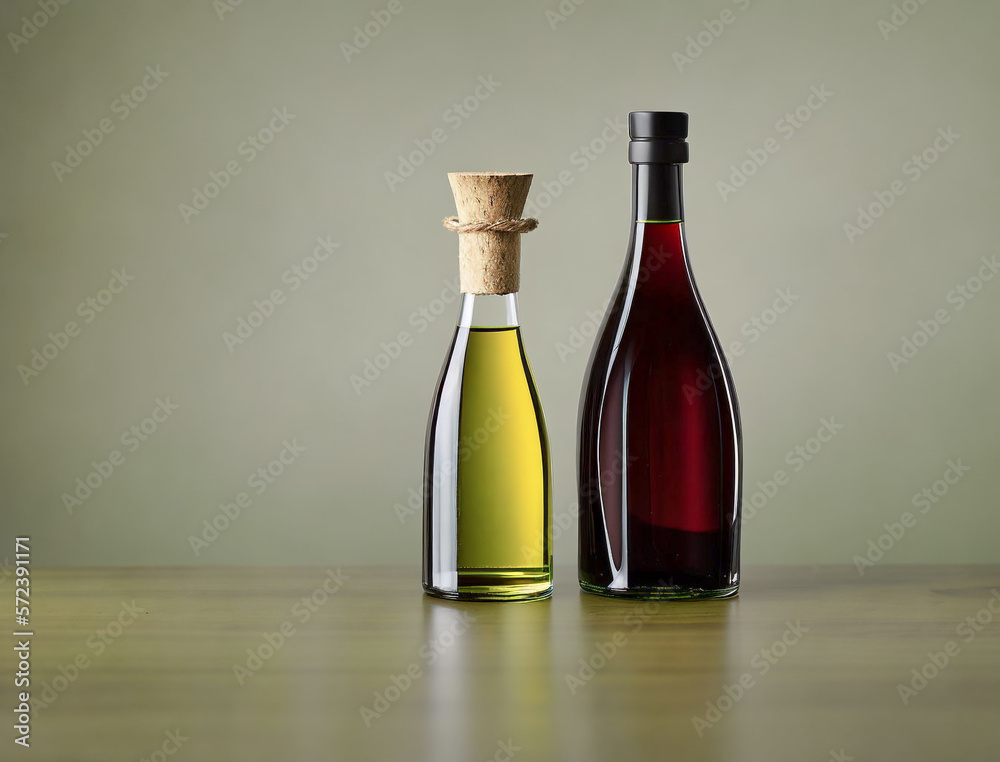 An olive oil bottle and a wine bottle on the wooden floor. Generative AI
