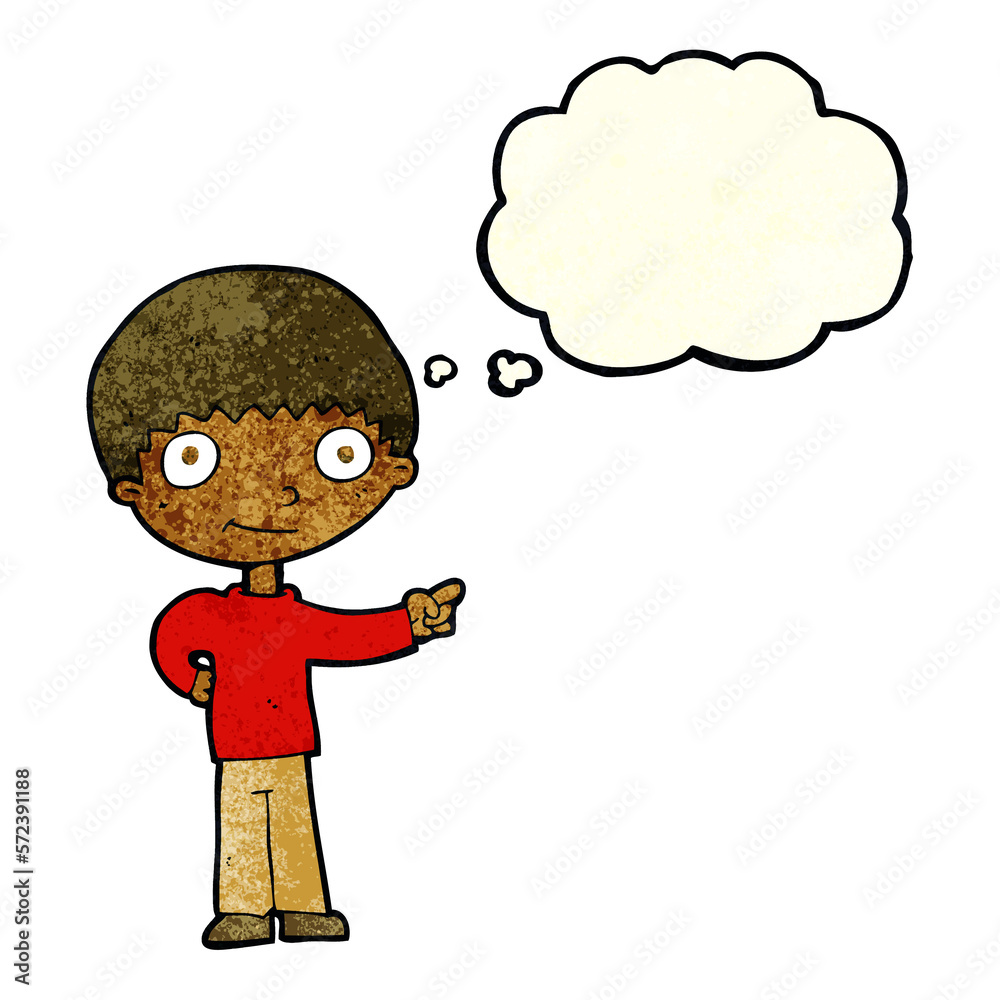 cartoon happy boy pointing with thought bubble cartoon happy boy pointing with thought bubble