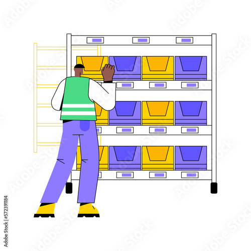 Pick-to-light system isolated cartoon vector illustrations. Professional warehouse manager using pick-to-light equipment with smart shelve, modern inventory technologies vector cartoon.