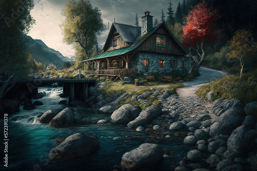 cottage by the lake.Generative Ai