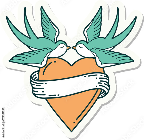tattoo style sticker of a swallows and a heart with banner