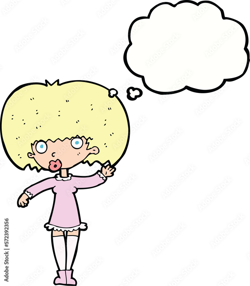 cartoon waving girl with thought bubble cartoon waving girl with thought bubble