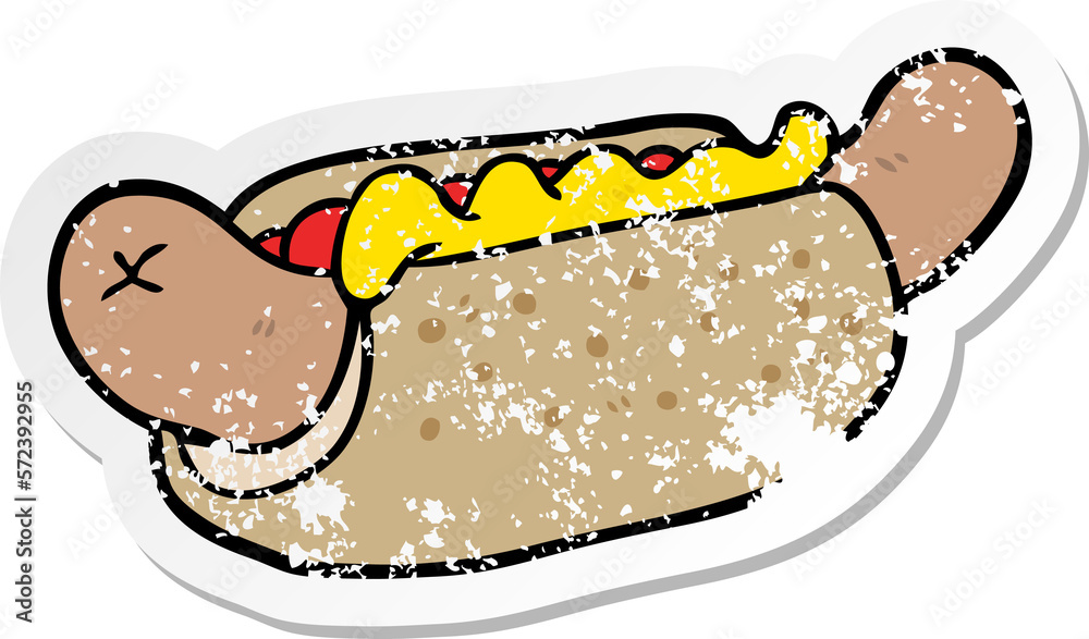 distressed sticker of a cartoon hot dog