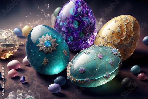Crystal Eggs, Gemstone shapes. Transparent fantastic gemstone, treasure ornament. AI generative
