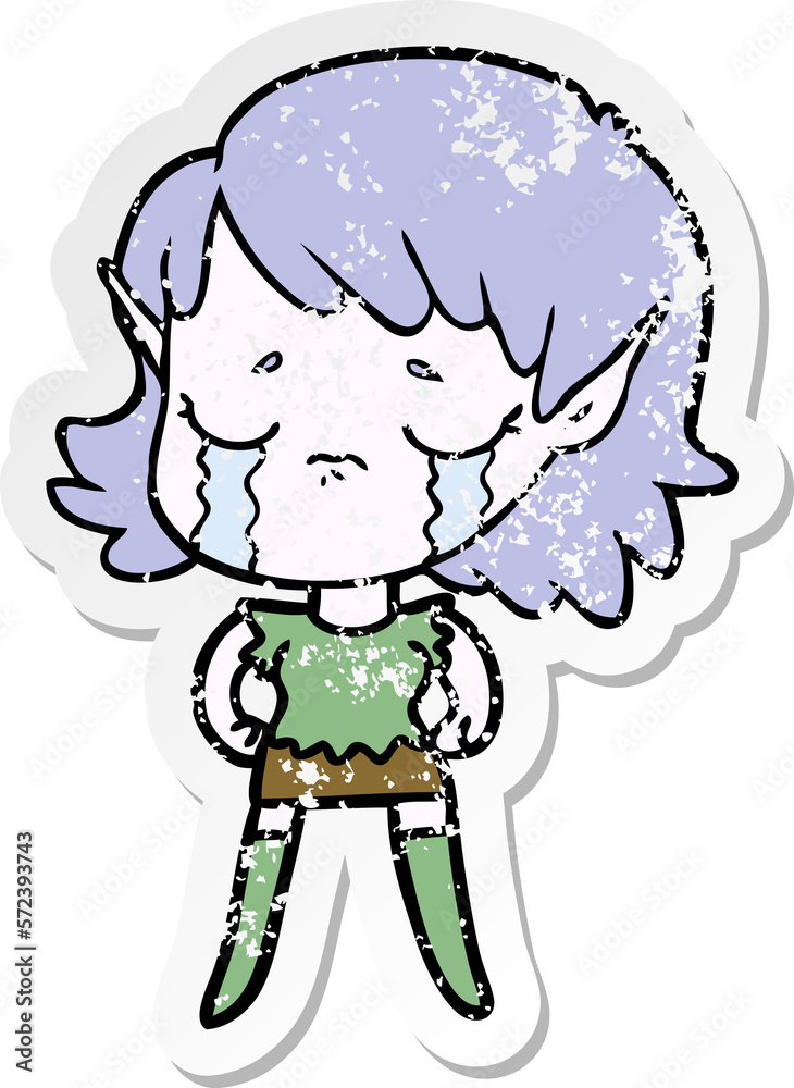 distressed sticker of a cartoon crying elf girl distressed sticker of a cartoon crying elf girl