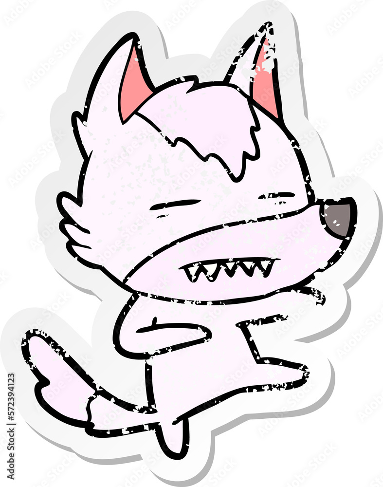 distressed sticker of a cartoon wolf kicking distressed sticker of a cartoon wolf kicking