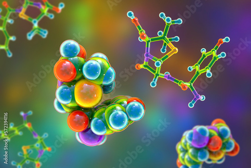 Molecular model of amoxicillin antibiotic, 3d illustration photo