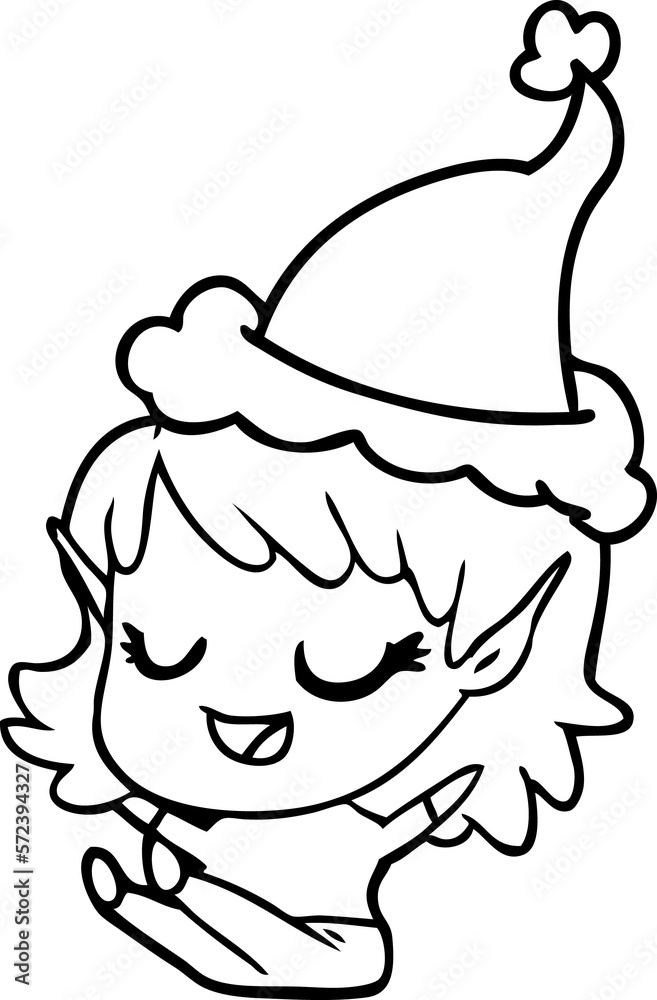 happy line drawing of a elf girl sitting wearing santa hat happy line drawing of a elf girl sitting wearing santa hat