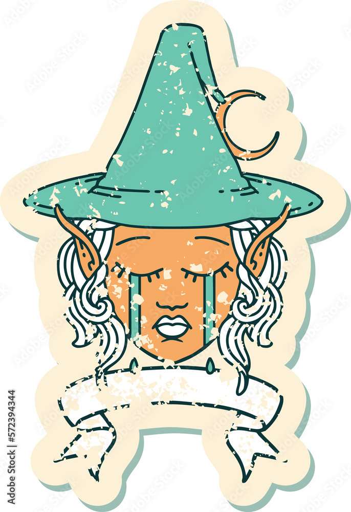 crying elf mage character face wiht banner illustration