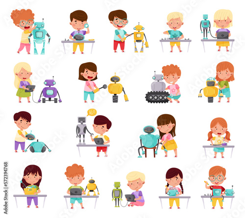 Little Children Engineering and Creating Robots Vector Illustrations Set