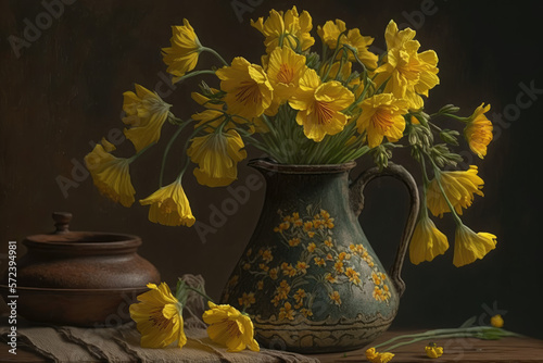 yellow flowers in an old pot or jug isolated. Generative AI