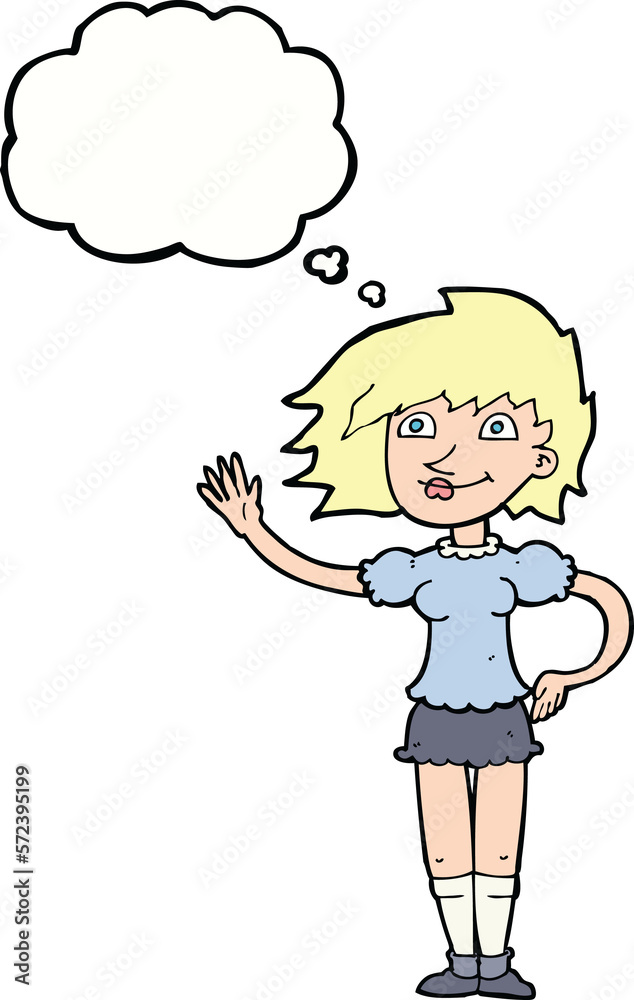 cartoon woman waving with thought bubble cartoon woman waving with thought bubble