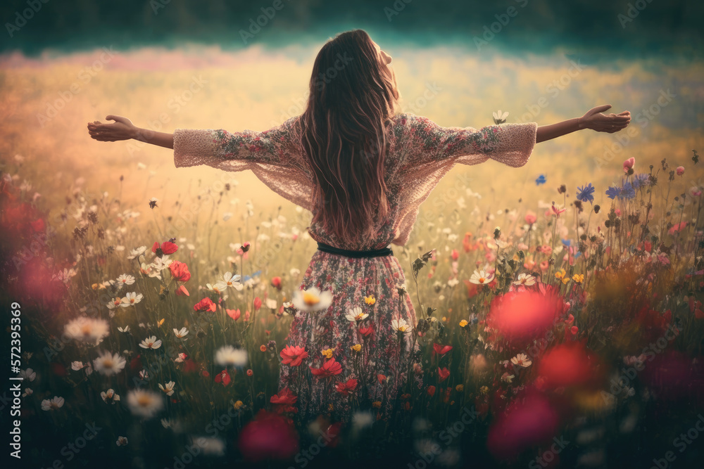 a young pretty woman with long brown hair is standing in a field of flowers and stretching out her arms. Generative Ai - obrazy, fototapety, plakaty 