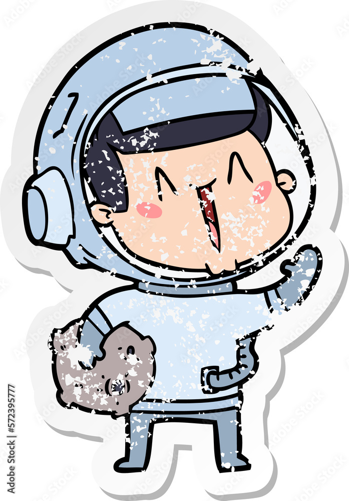 distressed sticker of a happy cartoon astronaut with moon rock