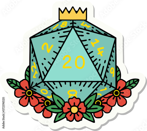 natural 20 D20 dice roll with floral elements sticker © lineartestpilot
